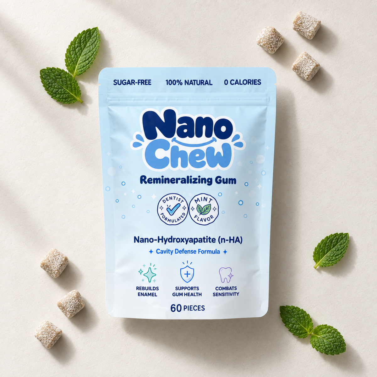 NanoChew remineralizing gum with nano-hydroxyapatite and xylitol, 60 pieces