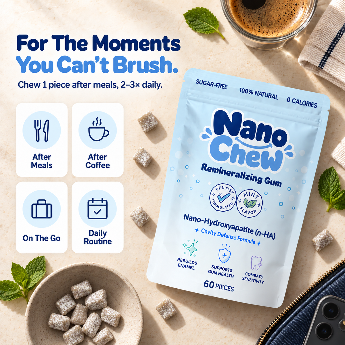 NanoChew Remineralizing Gum with Nano-Hydroxyapatite (n-HA) & Xylitol - 60 Pieces