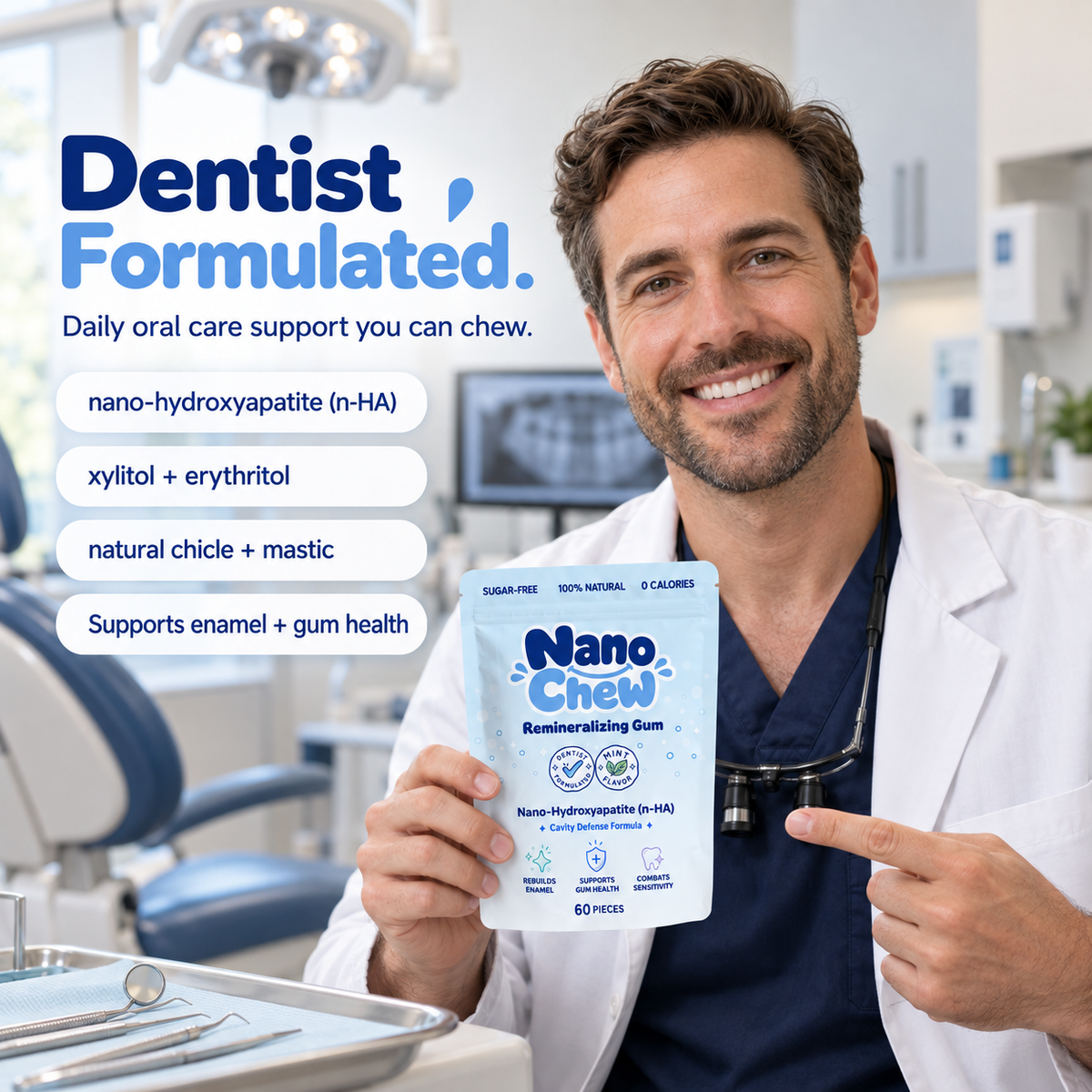 NanoChew Remineralizing Gum with Nano-Hydroxyapatite (n-HA) & Xylitol - 60 Pieces