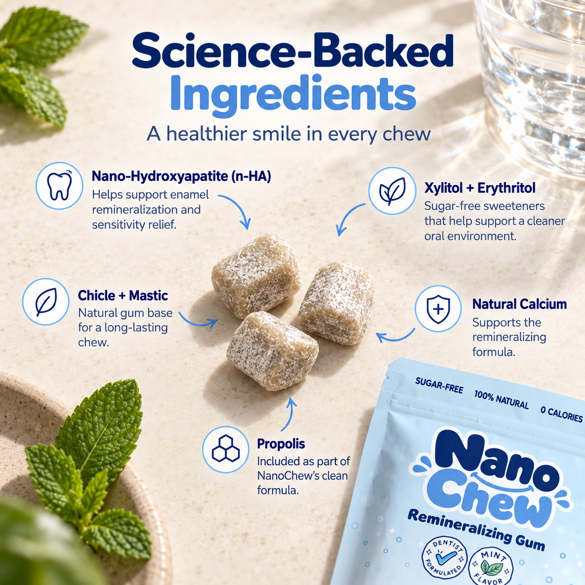 NanoChew Remineralizing Gum with Nano-Hydroxyapatite (n-HA) & Xylitol - 60 Pieces